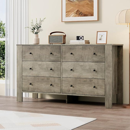 GarveeHome Grey 6 Drawer Dresser for Bedroom, Modern Wide Dresser Organizer with Storage Drawers, Wooden Chests of Drawers for Bedroom, Entryway, Hallway, Home Office