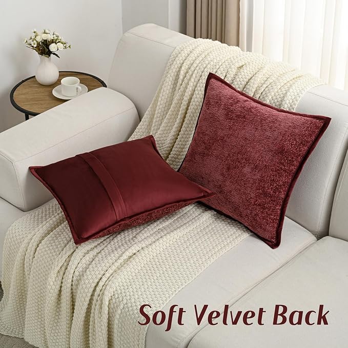 FUTEI Burgundy Chenille Throw Pillow Covers 24x24 Inch Set of 2,Soft Cozy Bound Edge Design European Cushion Cover,Home Decor for Couch Bed Living Room