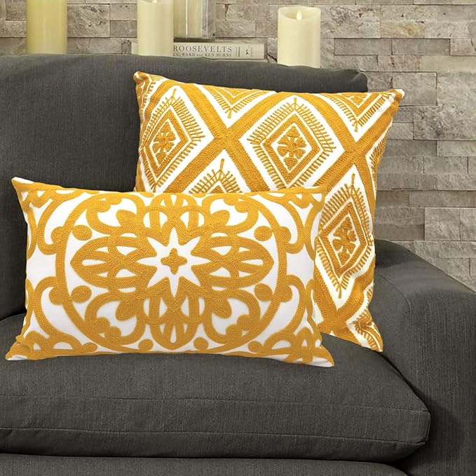 Alysheer Embroidered Lumbar Decorative Throw Pillow Cover 12"x 20", Classic Boho Mandala Embroidery Pattern Cotton Rectangular Cushion Case for Sofa Couch Living Room Bedroom(Mustard Yellow)