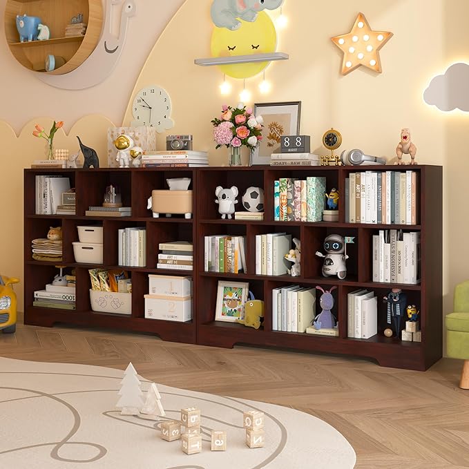 Kids Book Shelf Set of 2, 10 Cubes Storage Organizer Montessori Bookshelf, 3-Tier Wooden Kids Bookcase, Toy Storage Organizer for Children, Cherry Toddler Bookshelf Cube Shelf for Kid’s Room