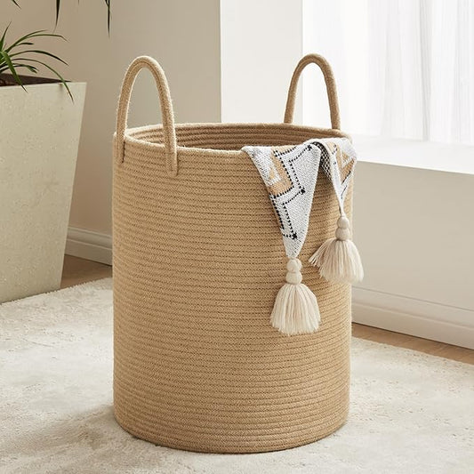 Cotton Laundry Hamper, 72L - Woven Collapsible Basket - Jute Brown
