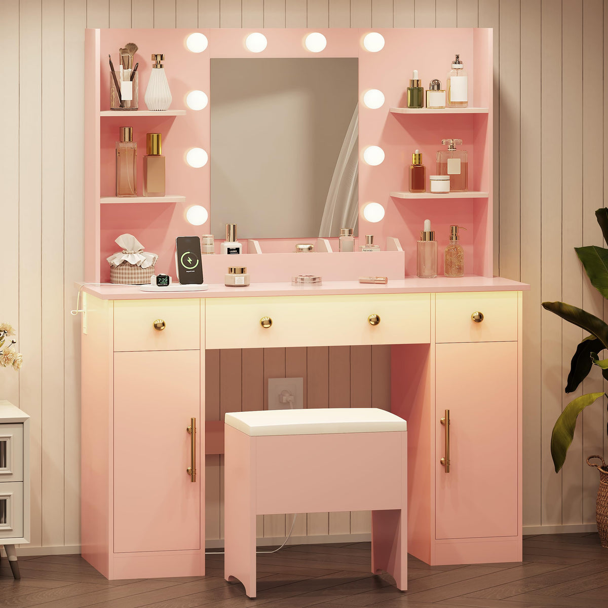 HUANLEGO Vanity Desk with Mirror and Lights,Pink Makeup Vanity with Charging Station & Vanity Stool, 3 Drawers and Cabinets White Vanity Mirror with RGB LED Lights Vanity Desk and Chair for Women