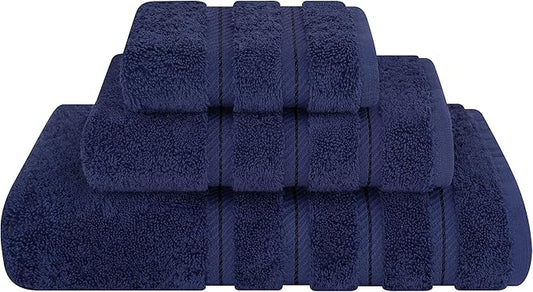 American Soft Linen Premium 3 Piece Towel Set, 1 Bath Towel 1 Hand Towel 1 Washcloth, 600 GSM 100% Cotton Turkish Towels for Bathroom, Navy Blue Towel Set