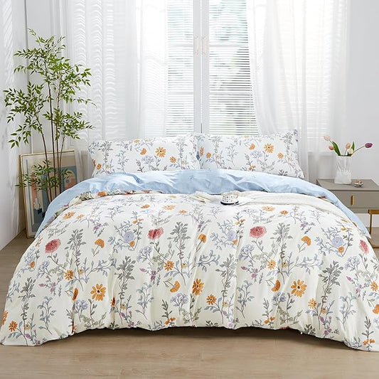 SAPHREAS Floral Duvet Cover Set 2pcs Twin Size Botanical Flower Leaves Pattern Bedding Comforter Cover Set 100% Cotton 1 Duvet Cover 68"x90" 1 Pillow Sham, Comforter Not Included