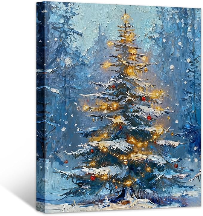 Framed Christmas Pictures Wall Decor,Vintage Pine Tree Prints,Winter Christmas Canvas Wall Art Decoration for Bedroom Bathroom Living Room Rustic Xmas Holiday Gifts (Christmas Tree 1, 16'' X 20'')