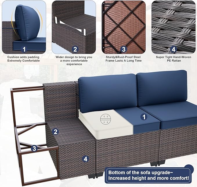 Kurapika 13 Pieces Patio Furniture Set, Rattan Wicker Outdoor Conversation Sets w/43in Propane Fire Pit Table, Swivel Rocking Chairs Patio Sectional Sofa w/4 Inch Cushion, Navy Blue