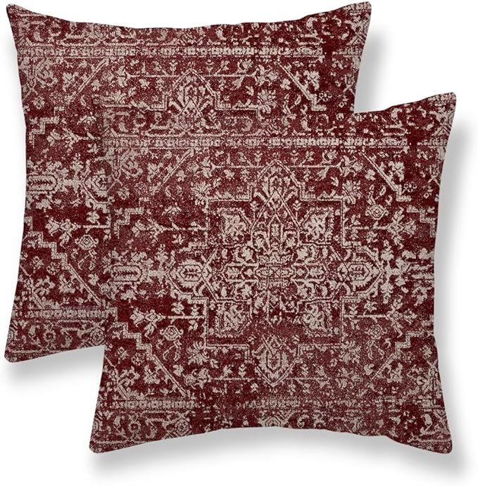 Boho Pillow Covers 16 x 16 Inch Set of 2, Bohemian Burgundy Carpet Pattern Decorative Throw Pillows Ethnic Rustic Farmhouse Cushion Cases Linen Gifts for Couch Sofa Outdoor Decor