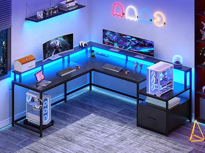 SEDETA L Shaped Gaming Desk, 66" Home Office Desk with File Drawer & Power Outlet, Corner Gaming Computer Desk with Led Lights, Monitor Shelf and Printer Storage Shelves, Two Person Desk, Black