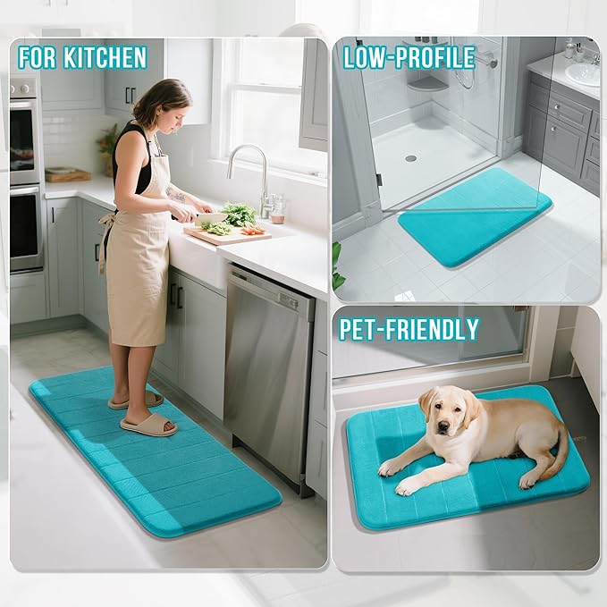 Yimobra Memory Foam Bath Mat, Super Soft Absorbent Bathroom Rug Non Slip 31.5x20 Inch, Quick Dry, Machine Washable Floor Carpet for Tub Shower, Home Decor Accessories, Lake Blue