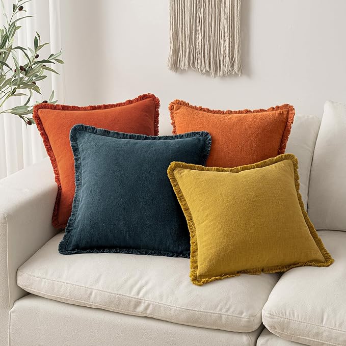 MIULEE Fall Decorative Throw Pillow Covers Neutral Linen Fringe Throw Pillows Set of 2 Burnt Orange Boho Farmhouse Cushion Covers with Tassels for Couch Sofa Bed Living Room Home Decor 20x20 Inch