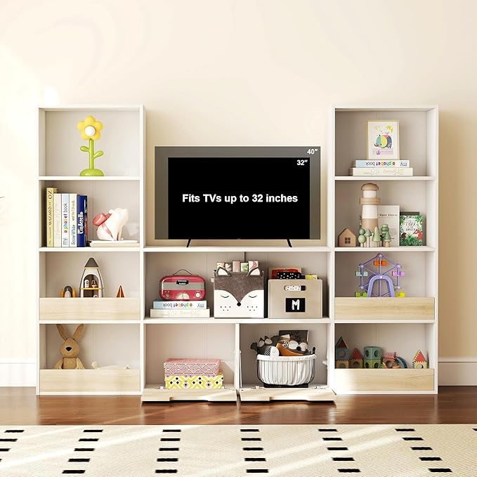Kids Bookshelf and Toys Storage Organizer - 4 Tier Bookcase for Kids Room, 9 Cube Toys Bookshelf with 2 Drawers,Book Shelf for Living Room Playroom for Children,Toddlers, Gifts,Oak & White