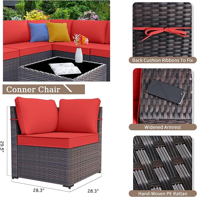 Kurapika 6 Pieces Patio Furniture Set, Rattan Wicker Outdoor Conversation Sets w/4 Inch Cushion and Glass Coffee Table(Red)