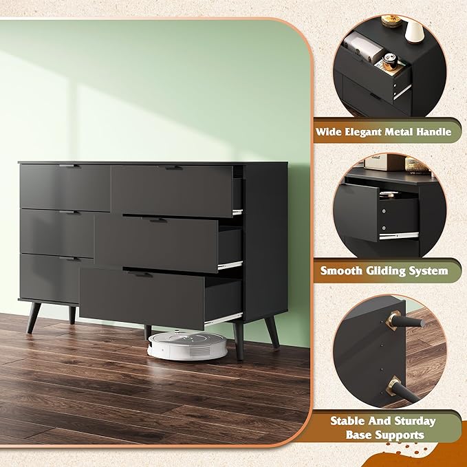 WLIVE Black Dresser for Bedroom, 47.24'' Wide 6 Drawer Wood Dresser Storage Organizer with Sturdy Metal Handle, TV Stand for 55 inch TV, Chest of Drawers for Living Room, Hallway, Closet