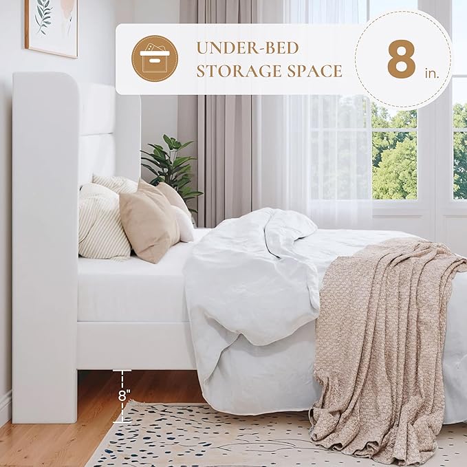 SHA CERLIN King Size Velvet Bed Frame/Vertical Channel Tufted Wingback Headboard/Upholstered Platform Bed with Wooden Slats/Mattress Foundation/No Box Spring Needed/Easy Assembly/White
