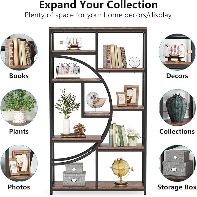 Tribesigns Bookshelf, Industrial 5 Tier Etagere Bookcase, Freestanding Tall Bookshelves Display Shelf Storage Organizer with 9-Open Storage Shelf for Living Room, Bedroom