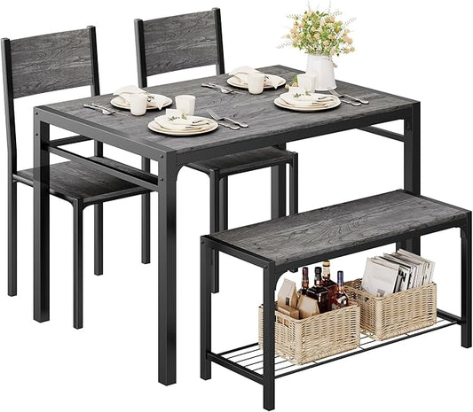 Shahoo Kitchen Table and 2 Chairs for 4 with Bench, 4 Piece Dining Sets for Small Space, Grey Wash