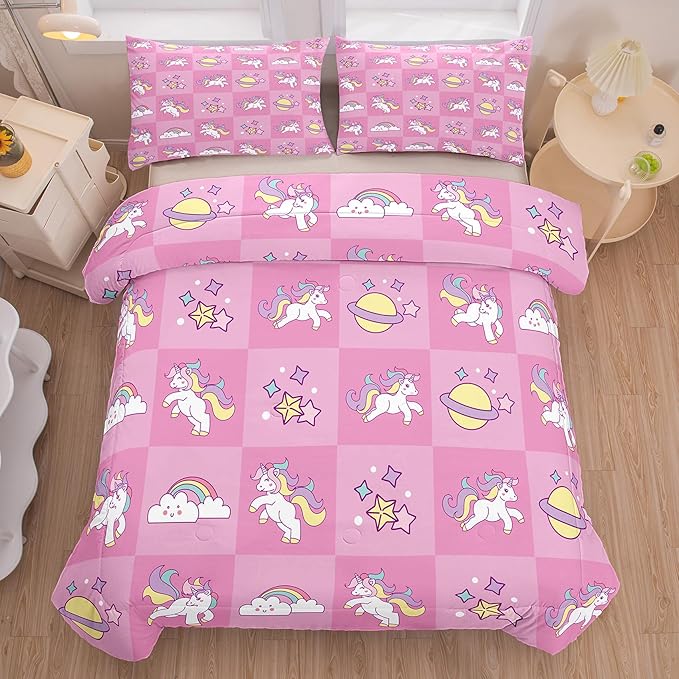 Tailor Shop Pink Queen Bedding Sets for Girls Kids Chessboard Grid Unicorn Comforter Girls Comforter Set Unicorn Room Decor Ultra Soft Bed Set with 2 Pillowcase…