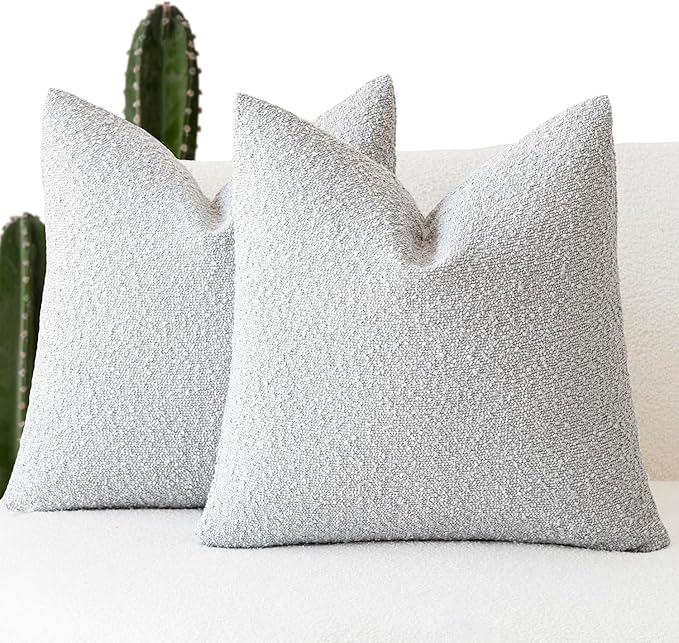 Foindtower Set of 2, Decorative Textured Boucle Throw Pillow Covers Accent Solid Pillow Cases Neutral Soft Cozy Couch Cushion Case for Chair Sofa Bedroom Living Room Home Decor 26 x 26 Inch Light Grey
