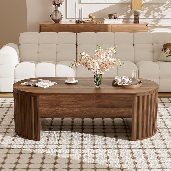 WILLIAMSPACE 47.2'' Lift Top Coffee Table with Hidden Compartment Storage, Modern Wooden Oval Center Table Accent Lift Tabletop Tea Table for Living Room, Walnut