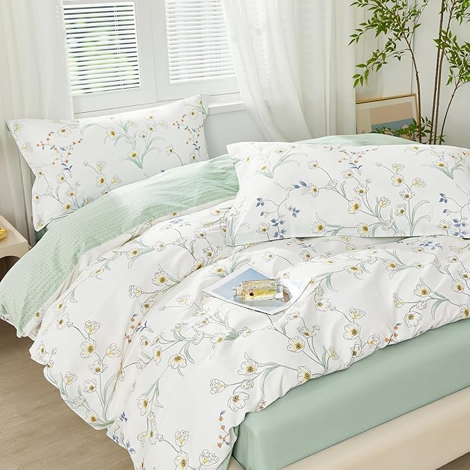 SAPHREAS Twin Size Duvet Cover Set 2pcs White Fresh Floral Pattern Bedding Comforter Cover Set 100% Cotton 1 Duvet Cover 68"x90" 1 Pillow Sham, Comforter Not Included