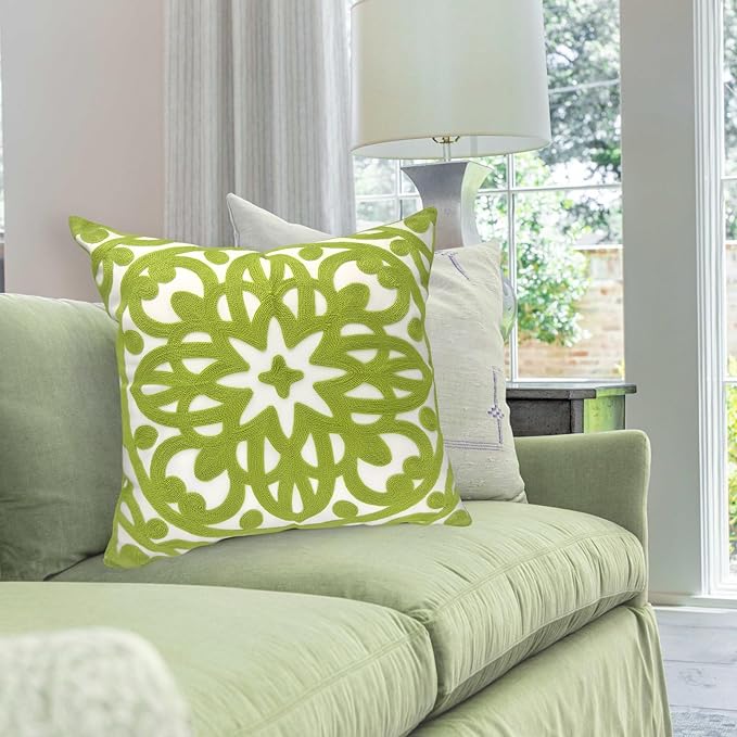 Alysheer Embroidered Summer Decorative Throw Pillow Covers 18"x18", Classic Boho Mandala Green Pattern Cotton Canvas Chic Accent Cushion Cases for Sofa Couch Bed Living Room Decor (Chartreuse Green)