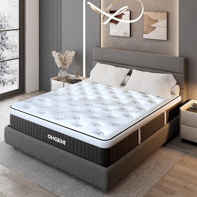 OhGeni 10 Inch Cooling Queen Size Mattress, Hybrid Gel-Infused Memory Foam Bed Mattresses in a Box, Medium Feel Cool Top Fabric, Individual Pocket Innerspring, 3-Zone Design & Reinforced Edge Support