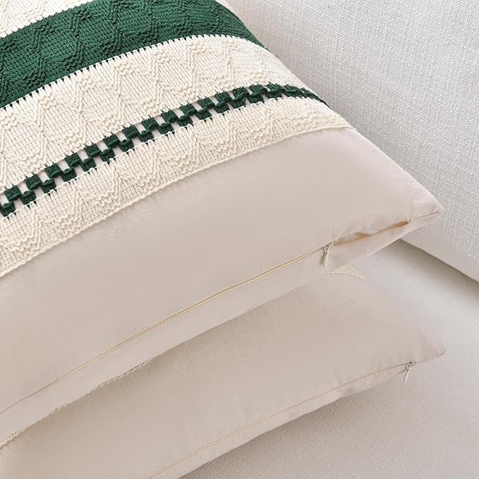 Fancy Homi Set of 2 Dark Green Boho Long Lumbar Decorative Throw Pillow Covers 12x24 Inch for Couch Bed Sofa Bedroom, Modern Farmhouse Vintage Forest Green Living Room Decor