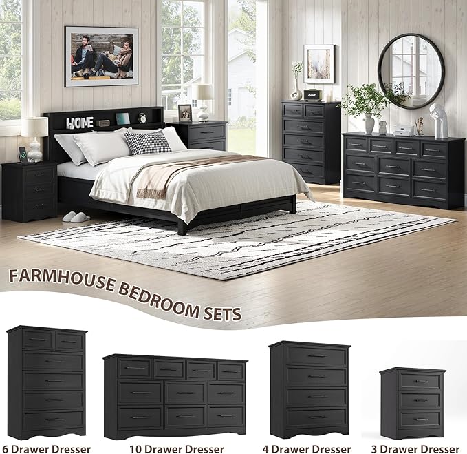 Nightstand Set of 2, Farmhouse Night Stand with Charging Station, Black Wood Bedside Table & End Table with 3 Drawers, Side Table Storage Cabinet with Metal Handles for Bedroom, Living Room