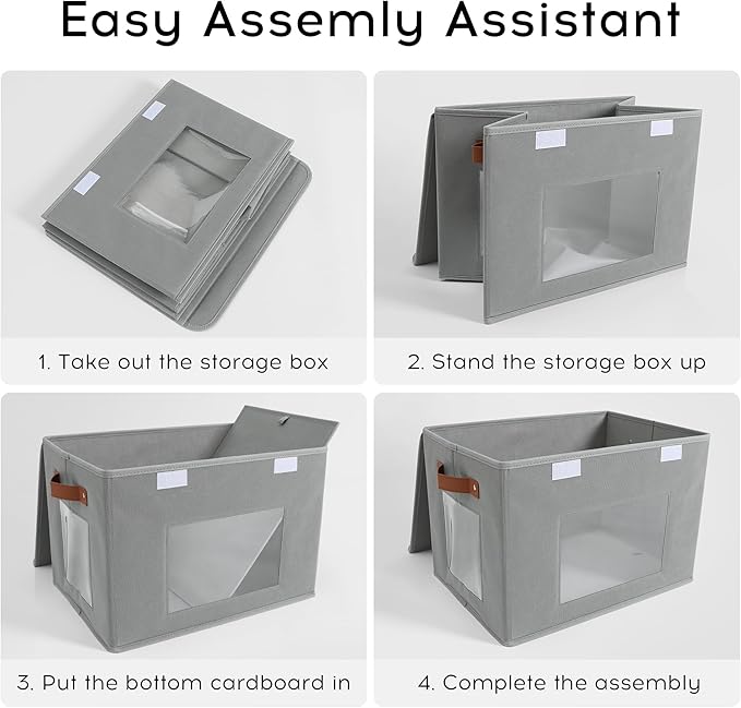 Storage Bins for Clothes, 40L Large Collapsible Stackable Closet Organizer Containers, Storage Boxes with Lids,Storage Cube Basket, Clear Windows & PU Leather Handles, Pack of 3, 17x12x12 Inch