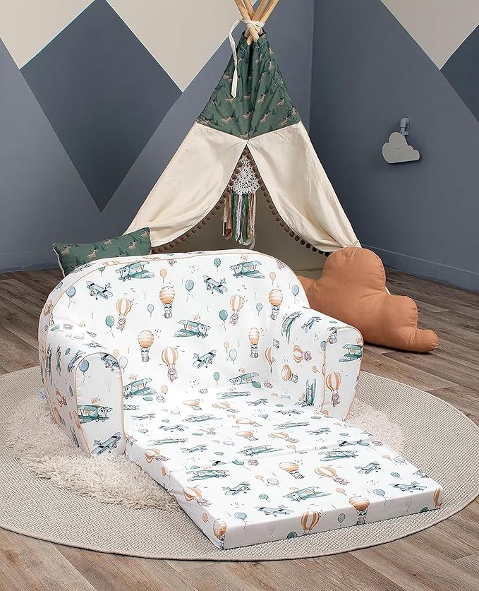 Delsit Kids 100% Cotton Loveseat Sofa, Hot Air Balloons, 30"W x 14"D x 17"H, Machine Washable