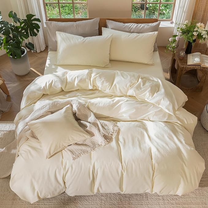 MooMee Bedding Duvet Cover Set 100% Washed Cotton Linen Like Textured Breathable Durable Soft Comfy (Solid Cream White, Super Queen 90"x98")