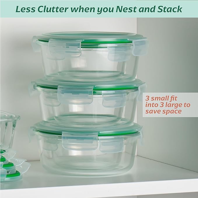 Fusion Gourmet Round Glass Storage Containers with Lids [6 pack] Microwave Safe, Leak-proof, Dishwasher Safe, Oven Safe for Meal Prep Tupperware Set (3 Large + 3 Small, Green)