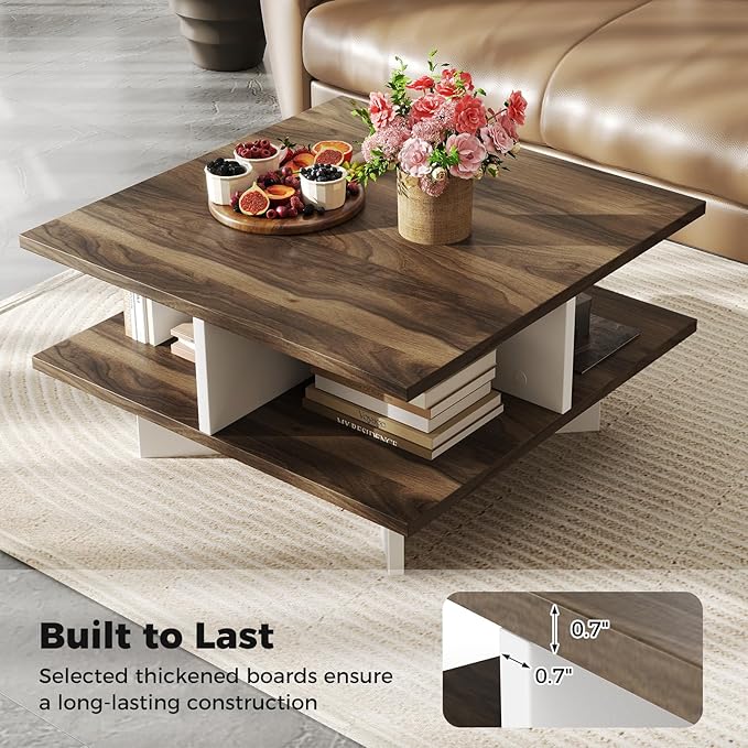GOFLAME Farmhouse Coffee Table with Storage, 2-Tier Square Center Table with 4 Storage Compartments & Cross-Shape Base, Modern, Wood Tea Tables for Living Room, Lounge, Walnut + White