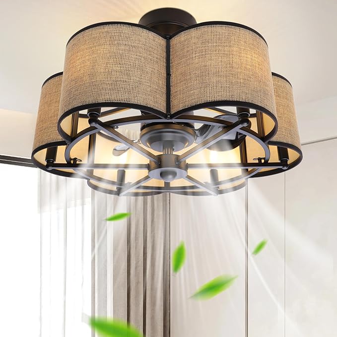 Ceiling Fans with 6-Bulb Lights and Remote, Flower Shaped Ceiling Light with 6 Adjustable Speed and for Bedroom, Kitchen and Living Room, Fabric Shade