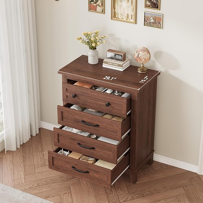 GarveeHome 4 Dresser for Bedroom, 34.8" Tall Vertical Drawer Dresser with Large Storage, Freestanding Wooden Closet Chest for Bedroom, Living Room, Walunt