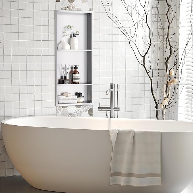 Stainless Steel Shower Niche 12" X 29", No Tile Needed Wall Niche Three-Tier, Recessed Shower Shelf for Bathroom Storage, Brushed Nickel