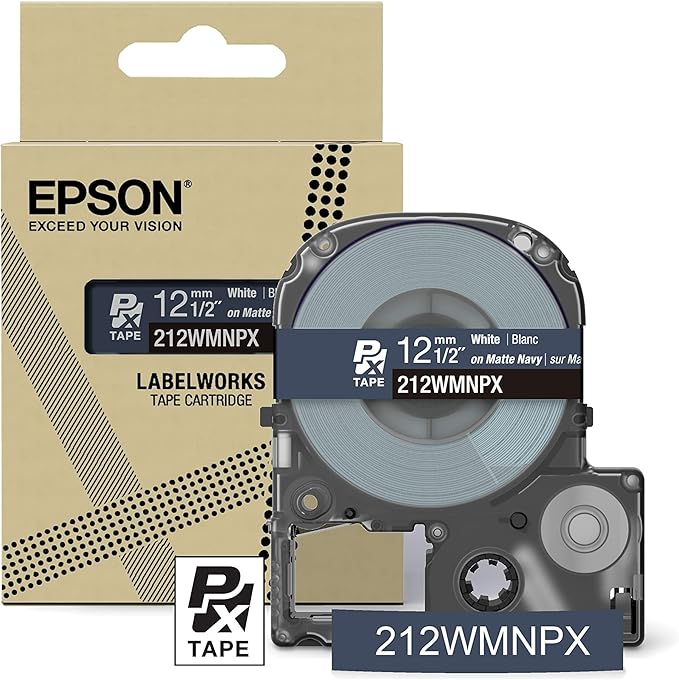 Epson LABELWORKS 212WMNPX Genuine PET (Polyester) Tape Cartridge - White on Matte Navy Designer Craft Label Maker Tape - 1/2" (12MM) Wide, 26'