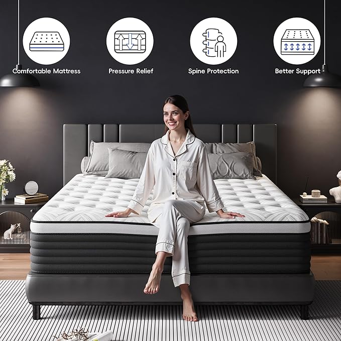 COOLMI Queen Mattress, 14 Inch Hybrid Memory Foam Mattress in a Box, Pressure Relief for Back Support, Medium Firm, Individually Pocket Springs, 100-Night Trial & CertiPUR-US Certified, Queen Size