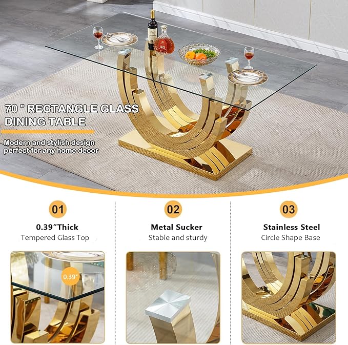 7 Piece Dining Table Set with 6 Black Dining Chairs, Modern Glass Kitchen Table and Chairs Set for 6, 70" Rectangle Gold Glass Pedestal Dining Room Tables with Ring-Shape Stainless Steel Base