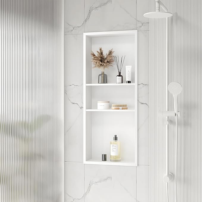 Stainless Steel Shower Niche 12" X 30", No Tile Needed Wall Niche Three-Tier, Recessed Shower Shelf for Bathroom Storage, Matte White