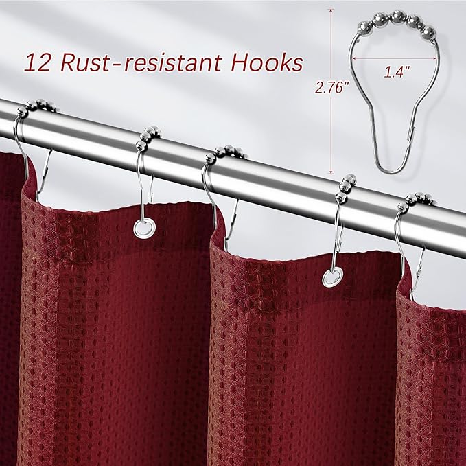 Extra Long Shower Curtain, 96 Inch Long Waffle Weave Heavy Duty Thick Cloth Bathroom Shower Curtain, Neutral Weighted Hotel Bath Curtain Set with 12 Hooks, 72x96 Burgundy
