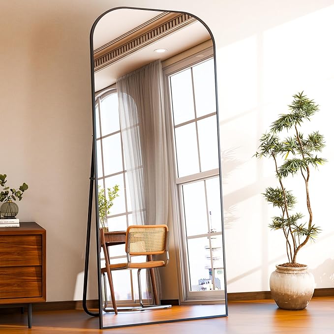 HARRITPURE 71"x26" Full Length Mirror Full Body Mirror Top Rounded Corner Aluminum Frame Hanging or Leaning Wall Floor Mirror with Stand for Living Room Bedroom Cloakroom,Black