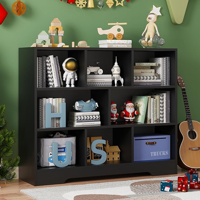 Kids Book Shelf Set of 2, 8 Cubes Storage Organizer Montessori Shelf, 3-Tier Wooden Kids Bookcase, Toy Storage Organizer for Children, Black Toddler Bookshelf Cube Shelf for Kid’s Room, Classroom