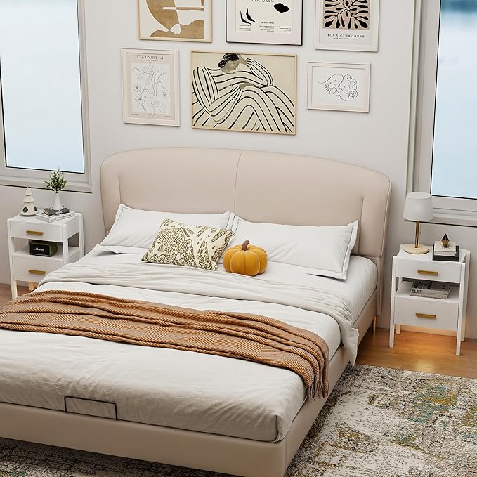 Nightstand with 2 Drawers and Open Shelf Wood Bedside Table Gold Handles Storage Night Stand with Light for Bedroom, White
