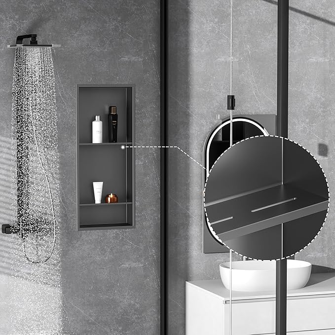 Stainless Steel Shower Niche 12" X 29", No Tile Needed Wall Niche Three-Tier, Recessed Shower Shelf for Bathroom Storage, Gun Metal
