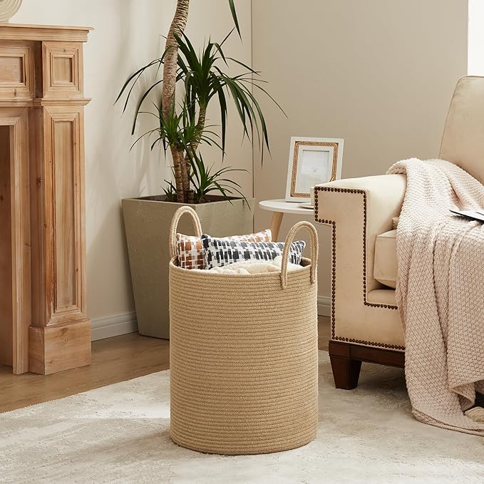 Cotton Laundry Hamper, 58L - Woven Collapsible Storage Basket - Jute Brown