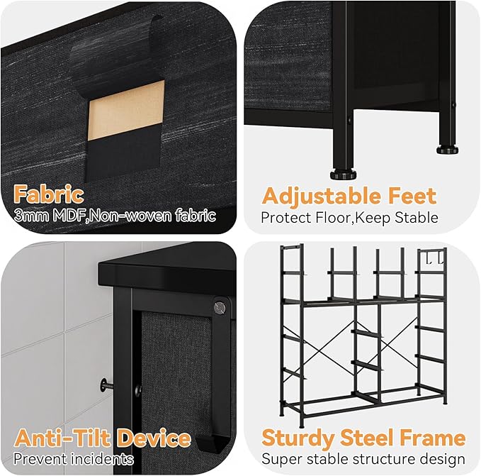 Dresser for Bedroom with 12 Drawers, Tall Dresser Chest of Drawers with 5 Side Pockets and Hooks, Wooden Top Fabric Dresser Storage Tower for Closet, Hallway, Living Room, Black