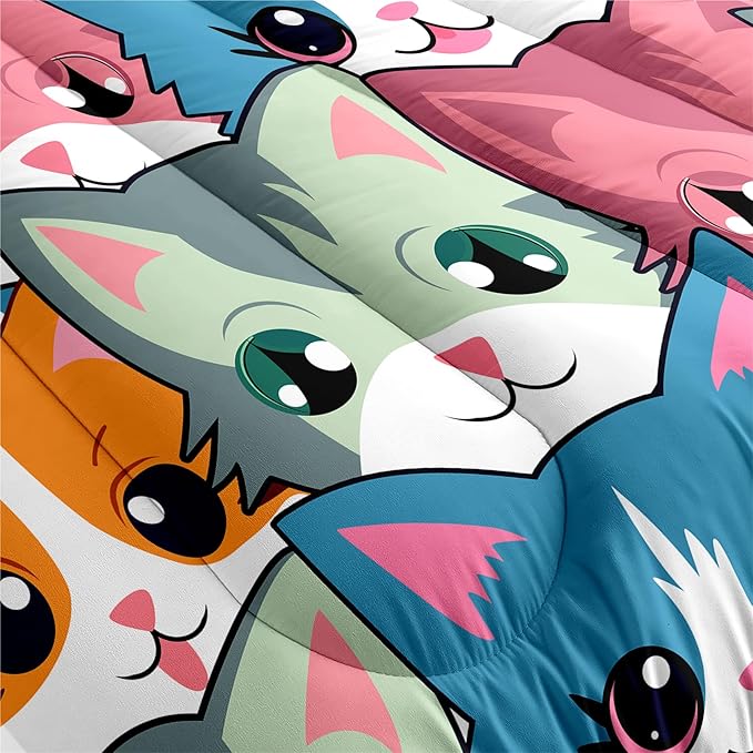 Neon Cats Bedding Set for Girls-Full Size Cartoon Comforter Girls Room Black Pattern Full Soft Breathable with 2 Pillowcases All-Season