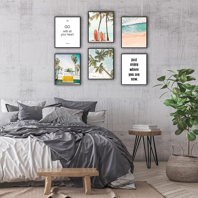 HoozGee Beach Wall Art Prints Set of 6 Summer Seascape Palm Poster Wall Decor Nature Landscape Coastal Surf Art Prints Pictures Photography Photos Print on Canvas Wall Decor (8"x10" UNFRAMED)