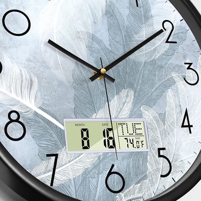 SCAOGE Digital Wall Mount Clock with Date Temperature Day White with Blue Feather Unique Silent Calendar Clocks Battery Operated Large Display Decorative for Bathroom Kitchen Office Bedrooms 14 Inch